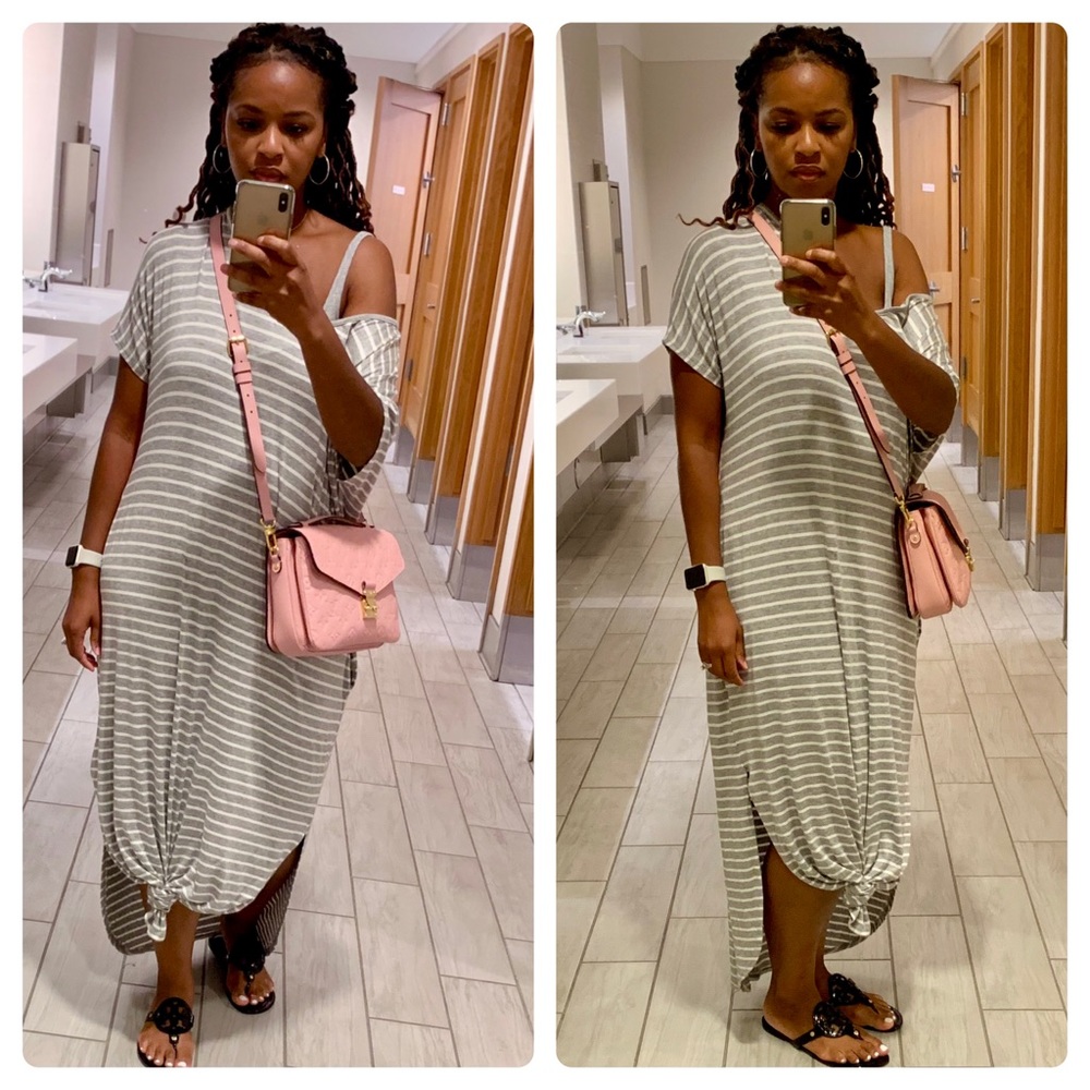 Maxi T-Shirt Dress in Gray & White Stripe